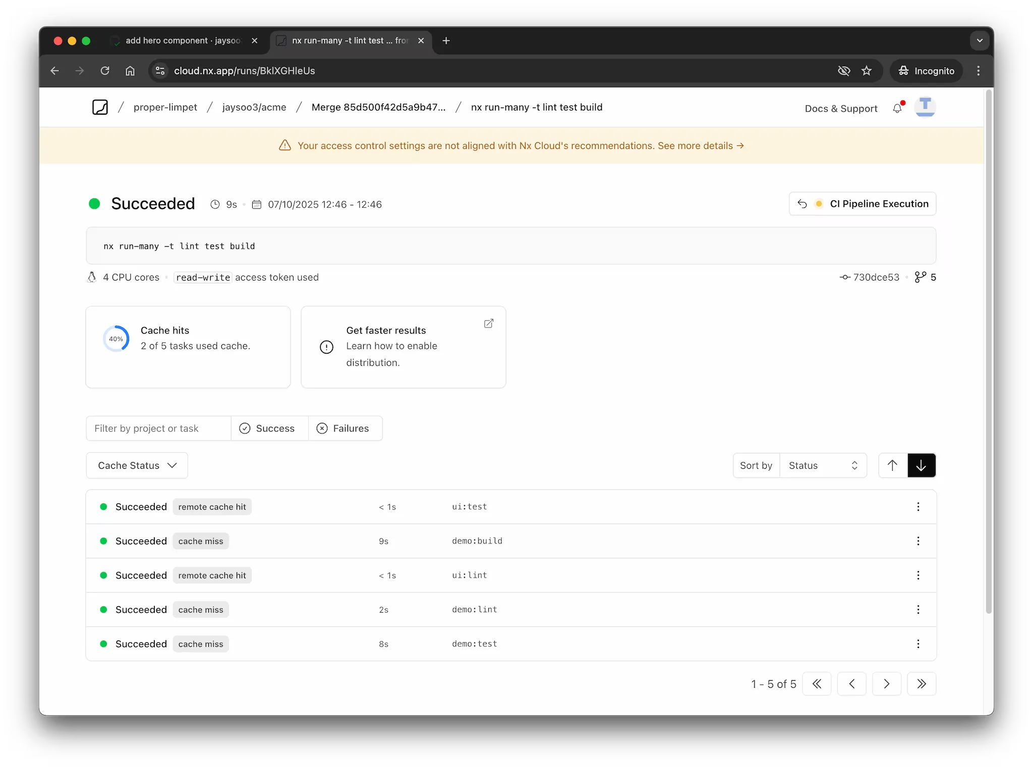 Nx Cloud run showing remote cache hits