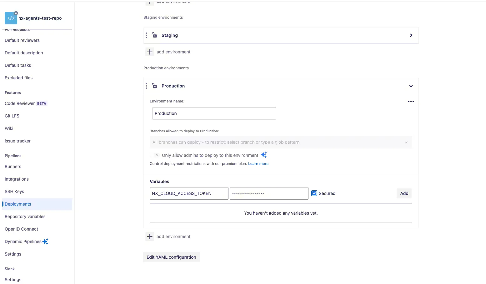 Use deployments variables to provide protected environment variable access