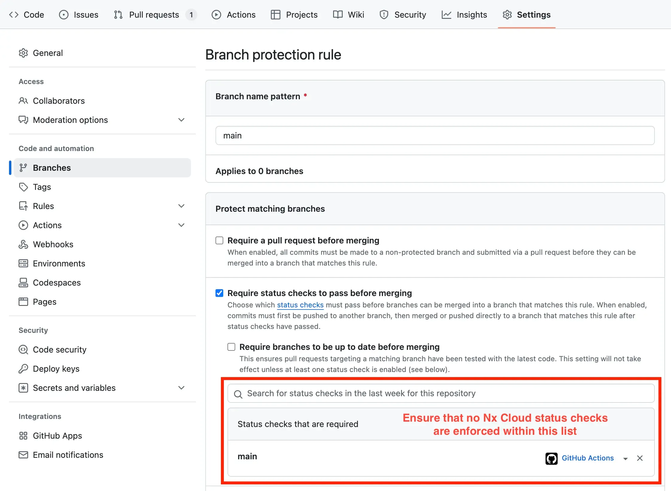 Ensure that any NxCloud status check is deselected from your branch protection rules