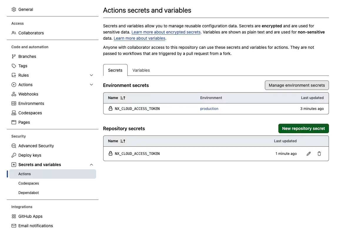overview of GitHub Action secret configuration settings with environments set