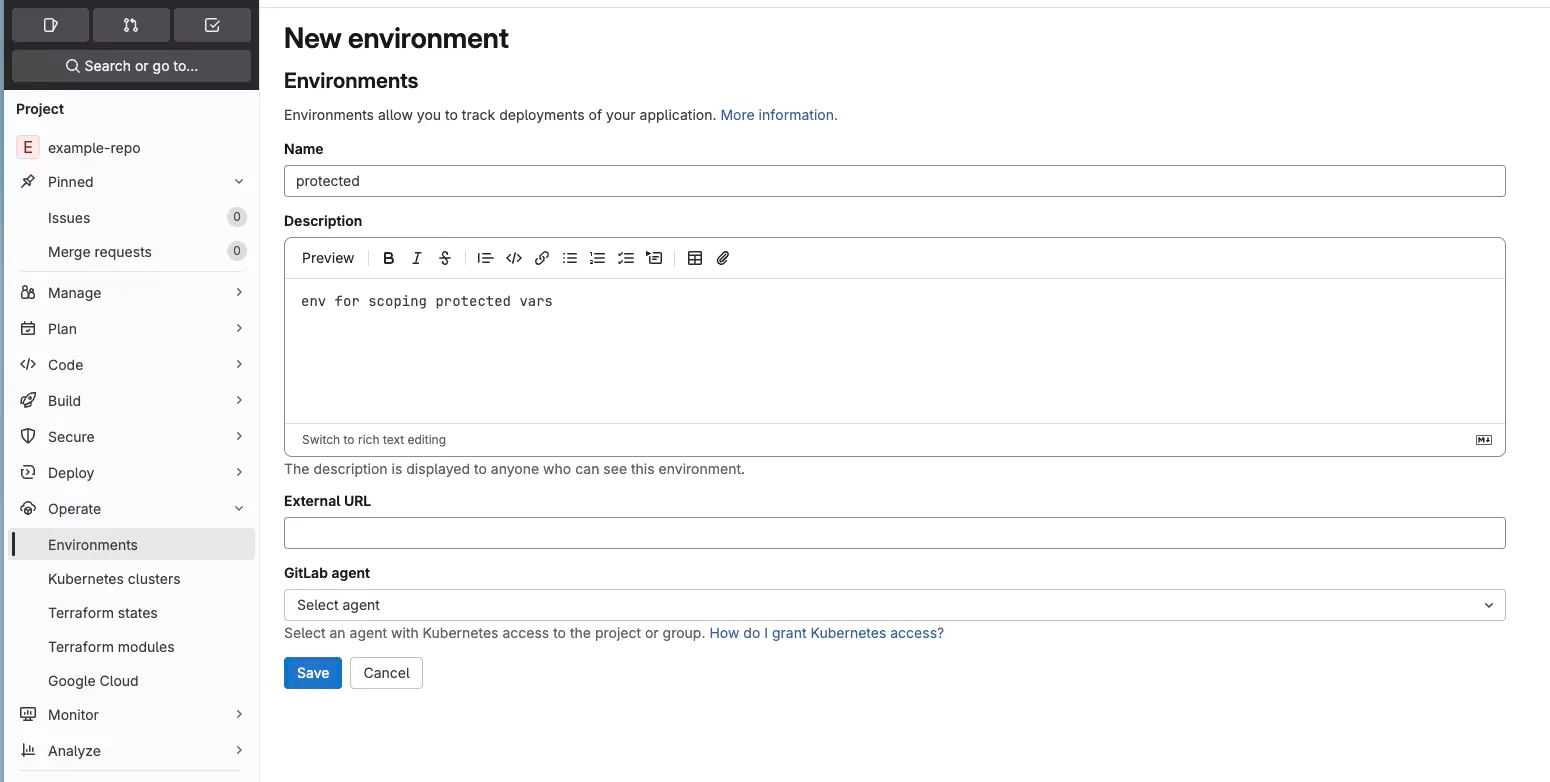 define gitlab environment for protected branches