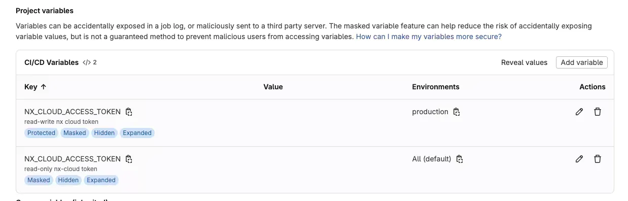 GitLab project variable configuration screen