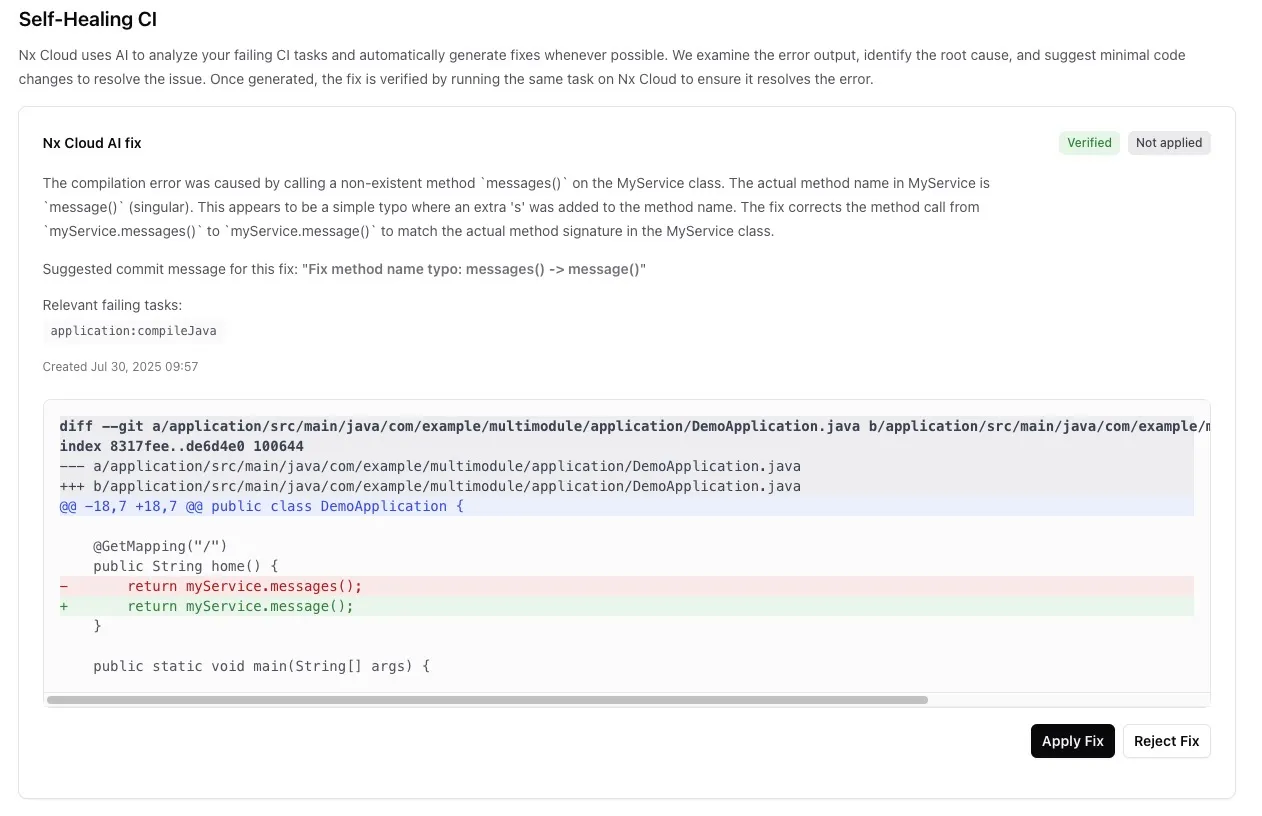Nx Cloud apply AI fix suggestion