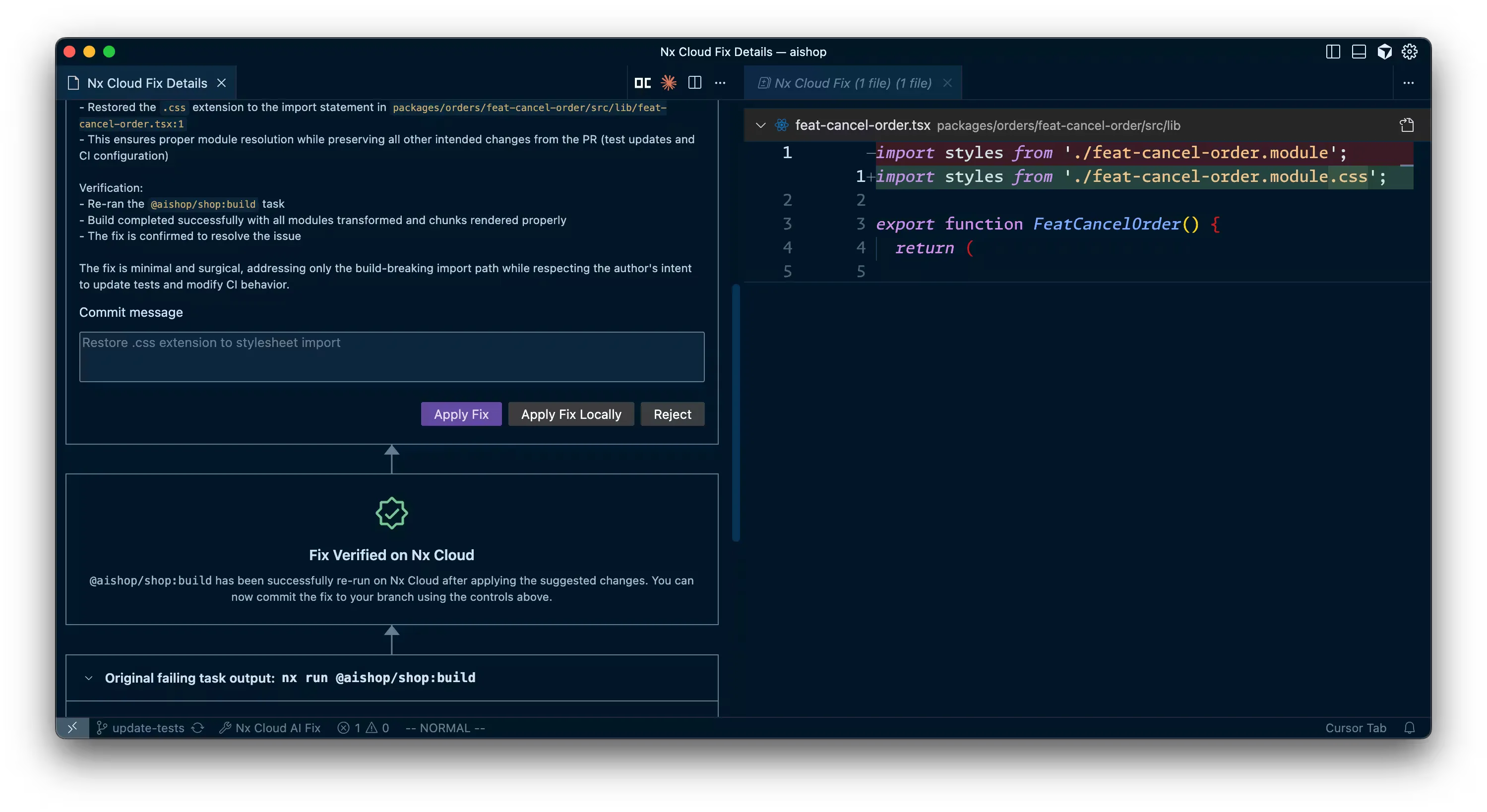 Nx Console view of the automated fix that has been applied to your PR