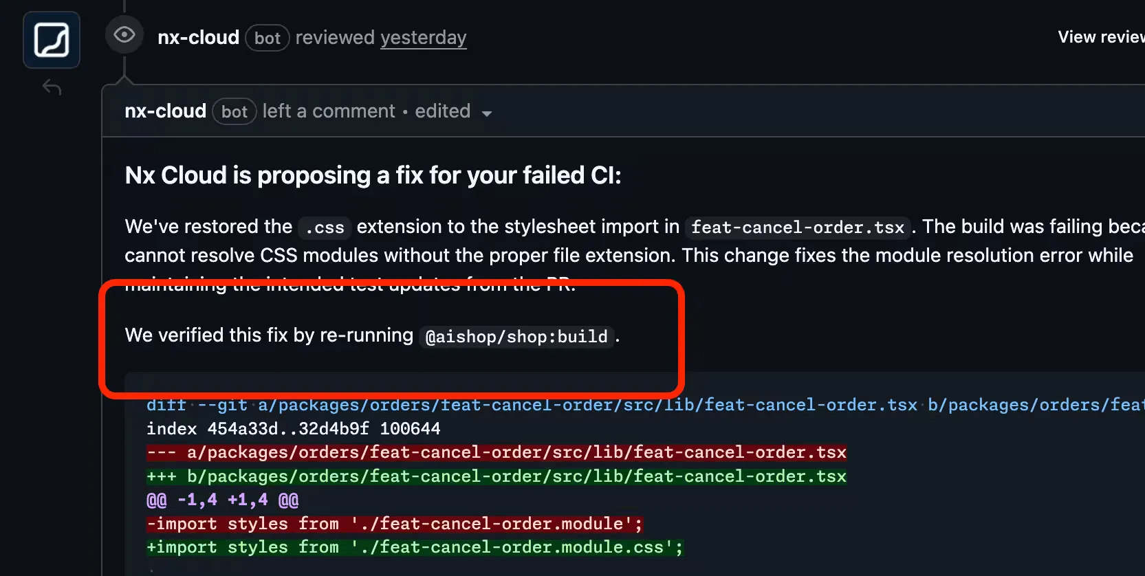 Verification phase run by Nx Cloud to make sure the proposed fix passes CI checks